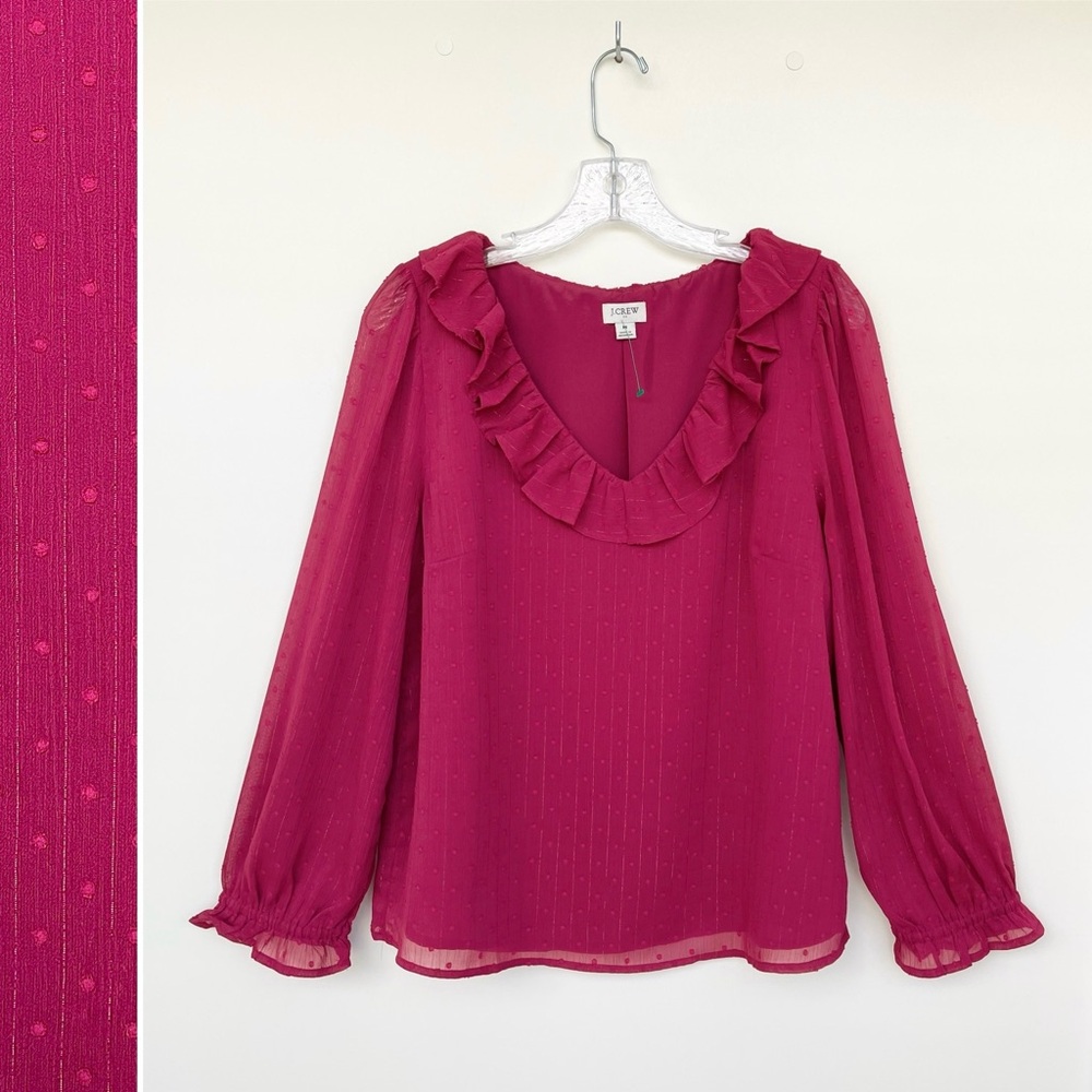 J. Crew Ruffle Blouse Shimmery Clip-Dots V-Neck Long Sleeve Elastic Cuff lined